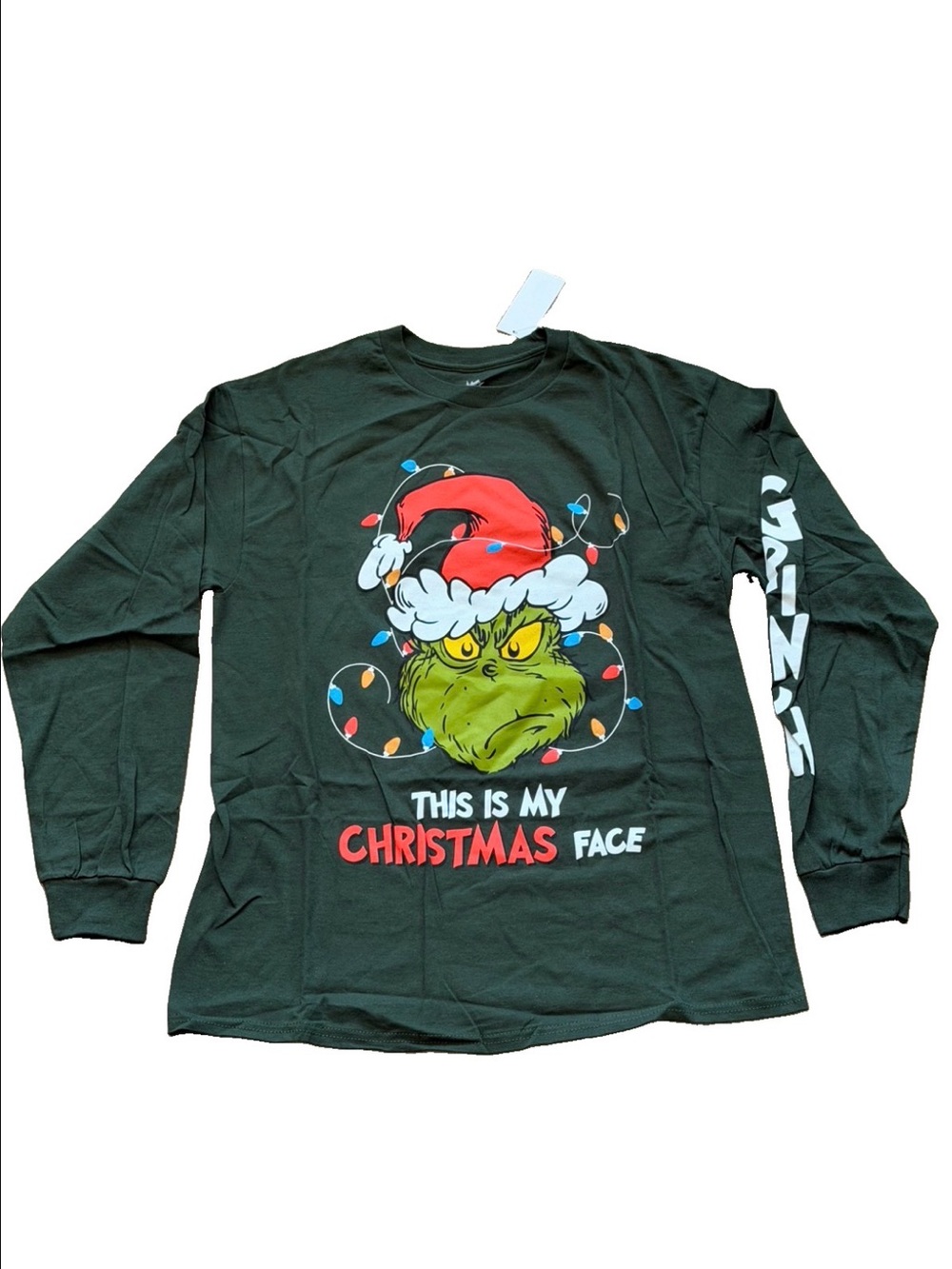 Hybrid Apparel Green Long Sleeve Grinch Graphic Tee with Red Santa Hat